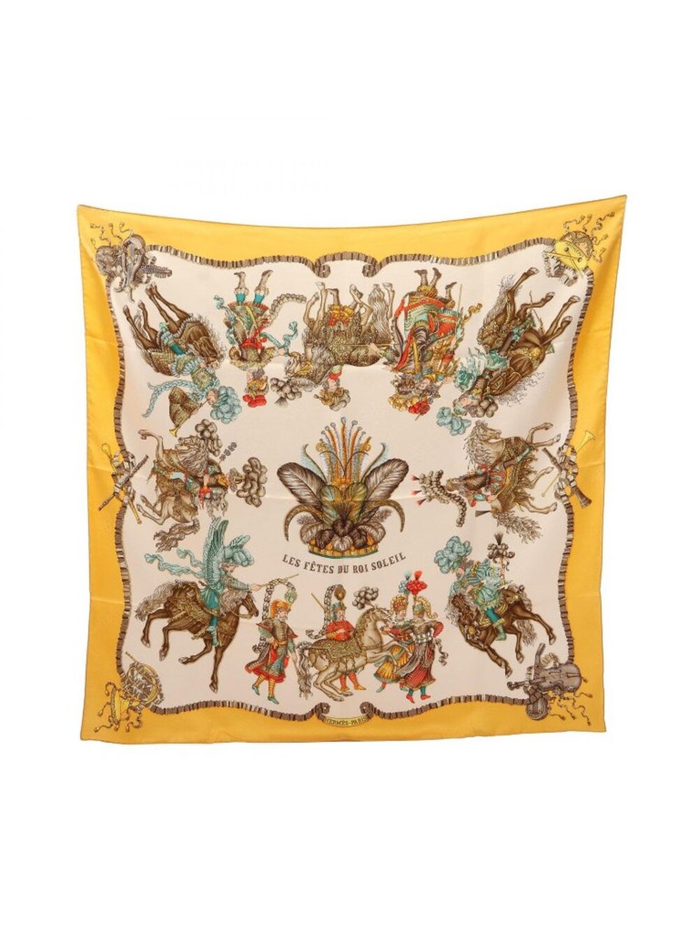Hermes Scarf Carre 90 les Fetes du Roi Soleil Yellow Silk